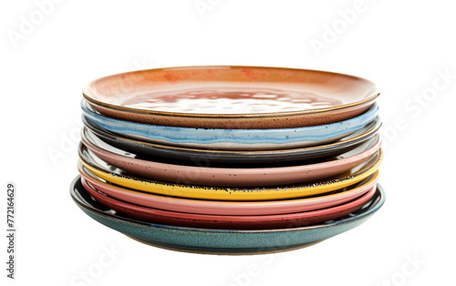 Vibrant Stack of Ceramic Dinner Plates on transparent background.