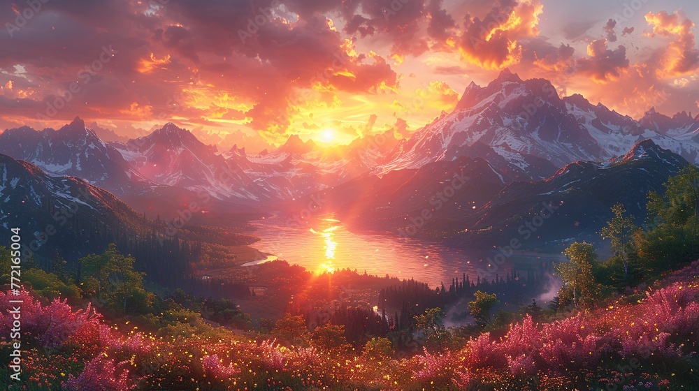 Sunset Serenade A Pink Flower-Filled Mountain Range Generative AI