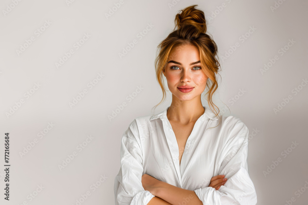 A portrait of a confident young woman in a white shirt, smiling and standing with her arms crossed against a neutral background. A portrait of a confident young woman in a white shirt, smiling and standing with her arms crossed against a neutral background.