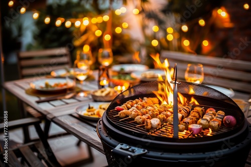 A cozy backyard dinner scene with skewers grilling over flames, wine glasses, and festive lights at dusk.