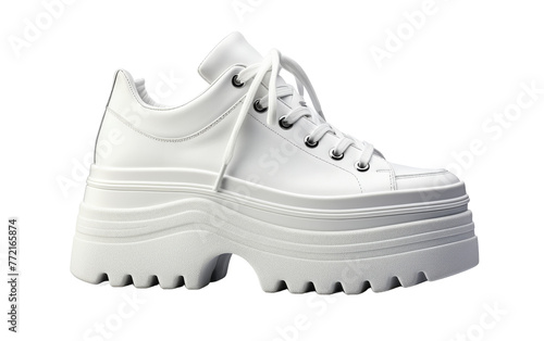 A pair of white platformed shoes stand on a white background
