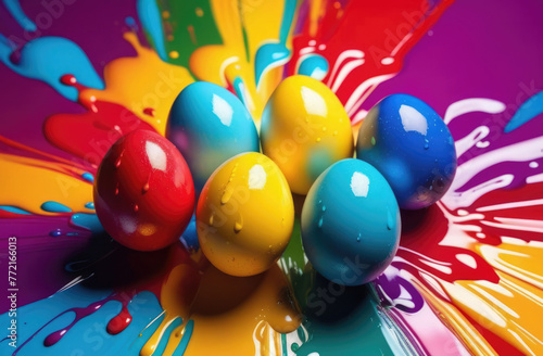 Multicolored Easter eggs with drops and splashes of paints.