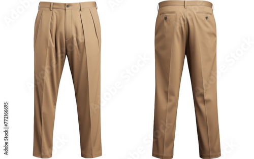 A pair of stylish tan pants laid out on a pristine white background