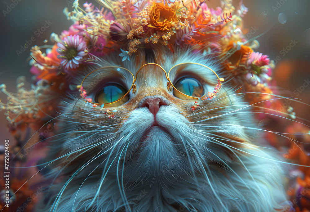 A cat with flowers on its head, with big eyes and colorful fur and creating an enchanting atmosphere. Created with Ai