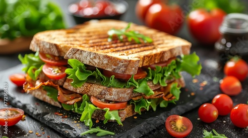 A sandwich with tomatoes  lettuce and bacon on a black plate  AI