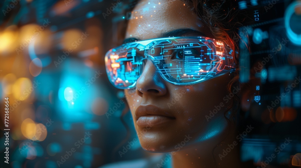 Woman Wearing Futuristic Glasses in Futuristic City Woman Wearing Futuristic Glasses in Futuristic City