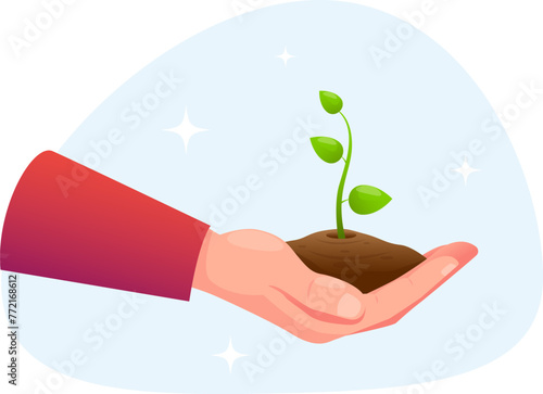 hand holding a handful of earth with a growing green plant sprout