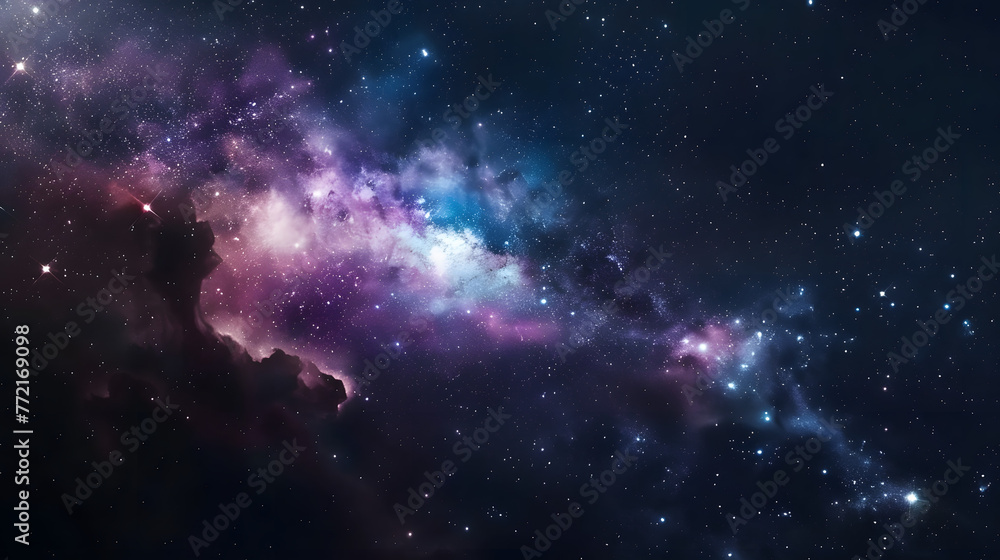 Glowing huge nebula with young stars and galaxy. Space background