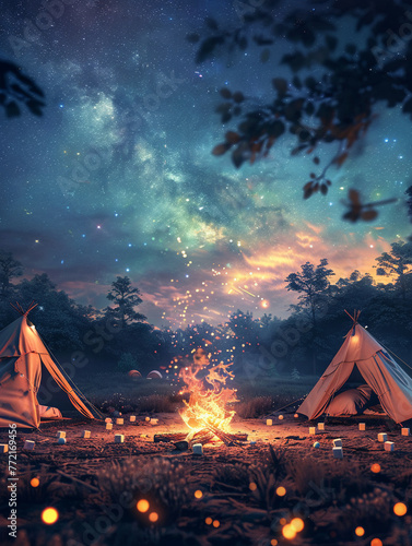 Nighttime Campfire Under a Starry Sky