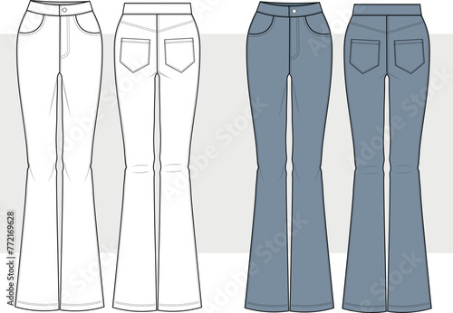 Women Boot Cut Pant, Flared Trouser, Pant Front and Back View fashion illustration vector, CAD, technical drawing, flat drawing.
