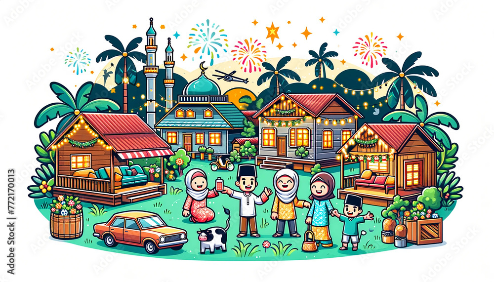 Hari Raya Aidilfitri illustration with muslim family character and
