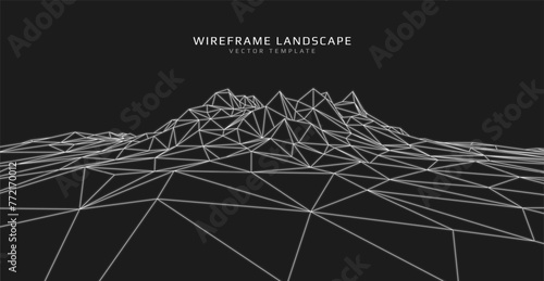 Wireframe landscape. Futuristic 3d mesh background. Digital polygonal hills technology. Vector illustration.
