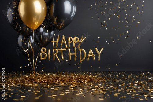 Elegant Black and Gold Happy Birthday Balloons with Confetti – Festive Celebration Background - Copy space