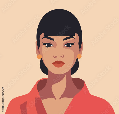 Vector flat portrait of a beautiful girl. Hairstyle. Postcard-poster. Avatar of a fashionable girl for social networks. For social media user profile, website and app design and development, icons
