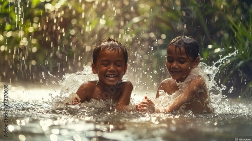 Two young boys playing in the water with a smile on their faces, AI
