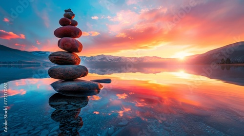 A stack of rocks on a lake shore at sunset, AI