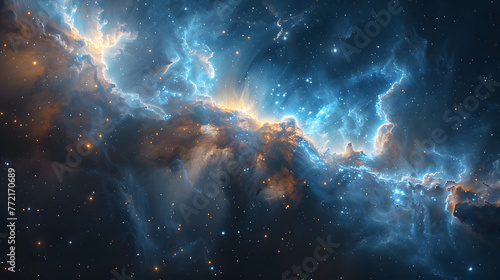 Glowing huge nebula with young stars and galaxy. Space background