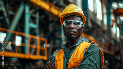 Portrait of a black construction worker wearing a safety helmet, industrial background