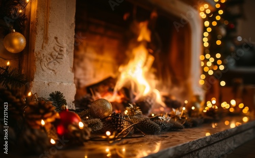 Cozy fireplace with festive Christmas decorations and a beautifully decorated Christmas tree in the background