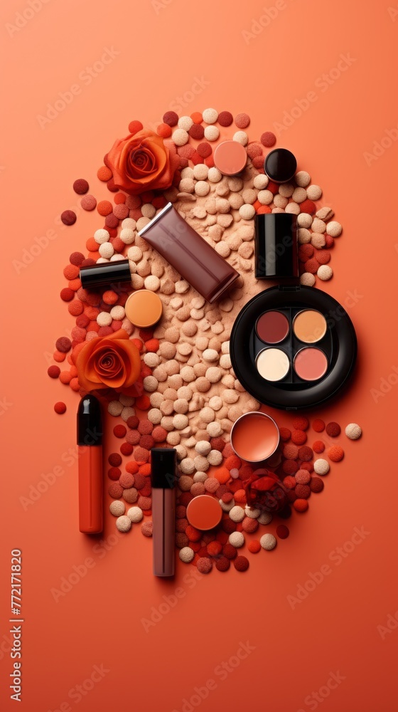 A close up of makeup products on a table with a red background