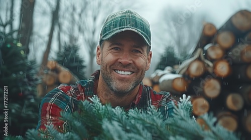 A smiling man carries a freshly cut Christmas tree in the forest. Young lumberjack photo