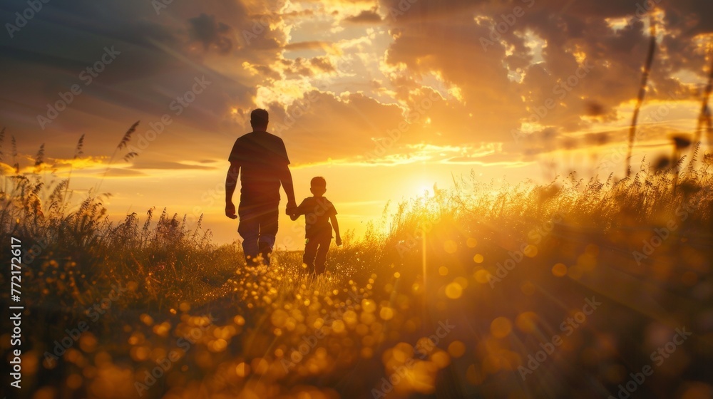 A man and child walking through a field at sunset, AI