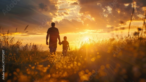 A man and child walking through a field at sunset, AI