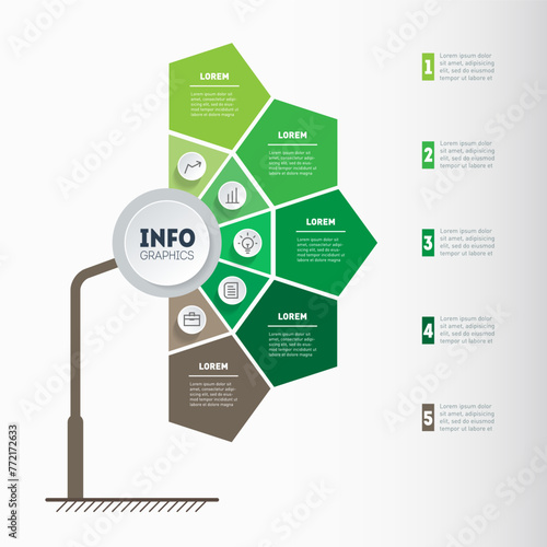 Growth and development of ecosystem. Info graphic with 5 parts. Energy saving and environmental protection,