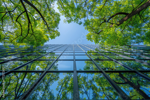Green building, glass curtain wall architecture with green trees outside the window. Created with Ai