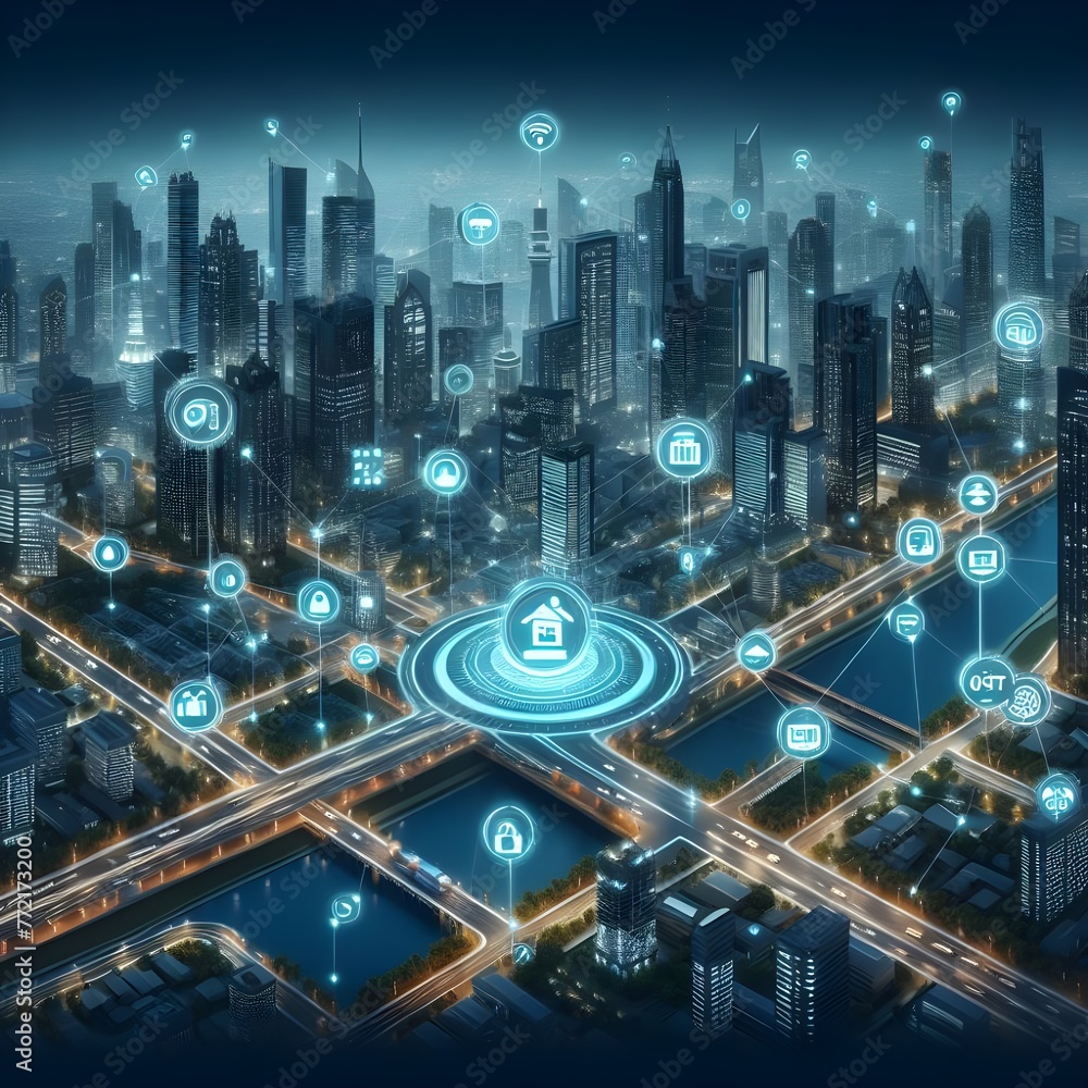 Smart city on a dark blue background, featuring intelligent infrastructure and connected buildings, showcasing IoT, 5G and AI integration.