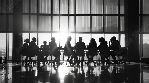 Dynamic Business Collaboration: Silhouetted Team of Young Professionals Engaged in Office Meeting and Discussion