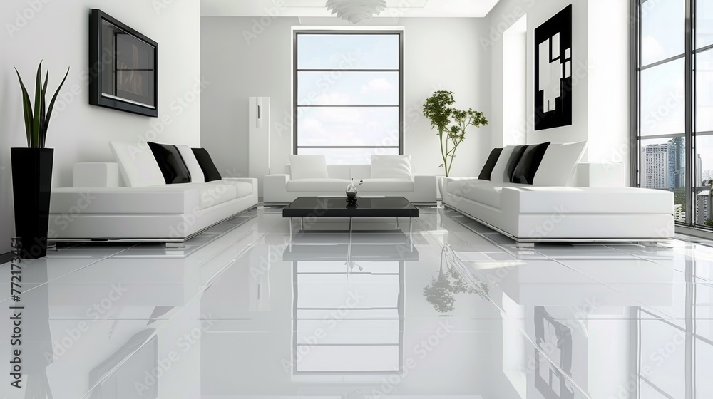 A white living room with a large window and black floor, AI A white living room with a large window and black floor, AI