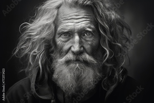 Portrait of an old man with long wavy hair. Black and white. © tnihousestudio