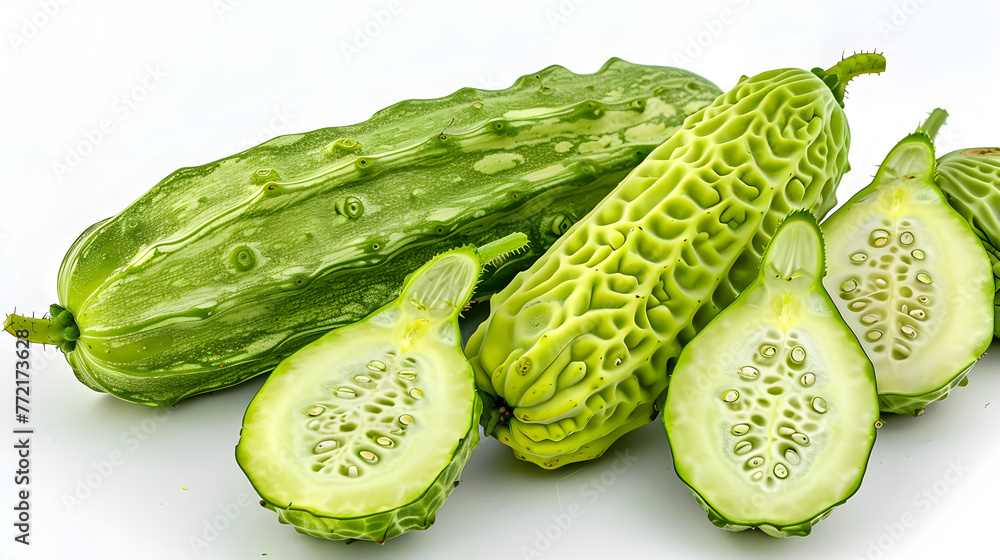 A picture of Bitter gourd slices on a white background,Momordica charantia fruit,bitter melon, balsam pear, bitter cucumber or bitter gourd isolated on white background
 - obrazy, fototapety, plakaty 