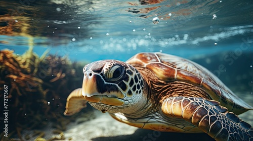 Sea turtle swimming underwater in the ocean. © tnihousestudio