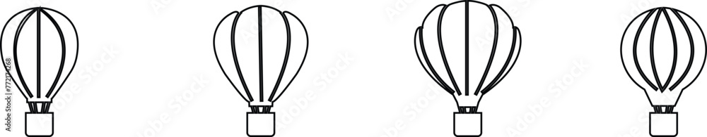 Obraz premium Hot Air Balloon with Basket Line and Silhouette Icons set . Fly Hotair Balloon for Sky Journey Outline and Solid Symbol elements. Flight for Travel Pictogram. Isolated on transparent background.