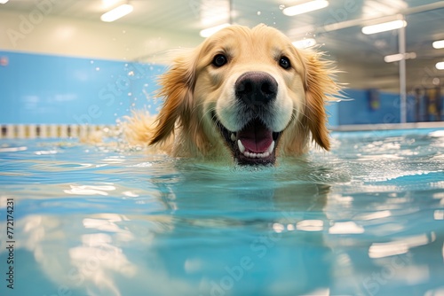 Golden Retriever swimming in a swimming pool and having fun.