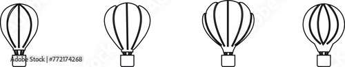 Hot Air Balloon with Basket Line and Silhouette Icons set . Fly Hotair Balloon for Sky Journey Outline and Solid Symbol elements. Flight for Travel Pictogram. Isolated on transparent background.