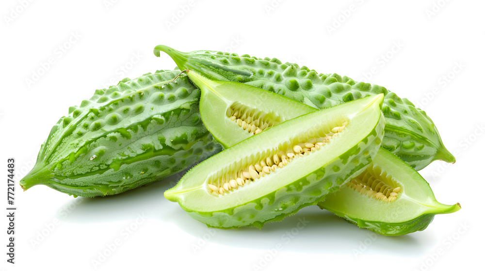 A picture of Bitter gourd slices on a white background,Momordica charantia fruit,bitter melon, balsam pear, bitter cucumber or bitter gourd isolated on white background
 - obrazy, fototapety, plakaty 