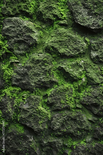 Green moss on the stone wall. © tnihousestudio