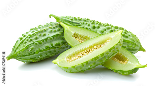 A picture of Bitter gourd slices on a white background,Momordica charantia fruit,bitter melon, balsam pear, bitter cucumber or bitter gourd isolated on white background
 photo