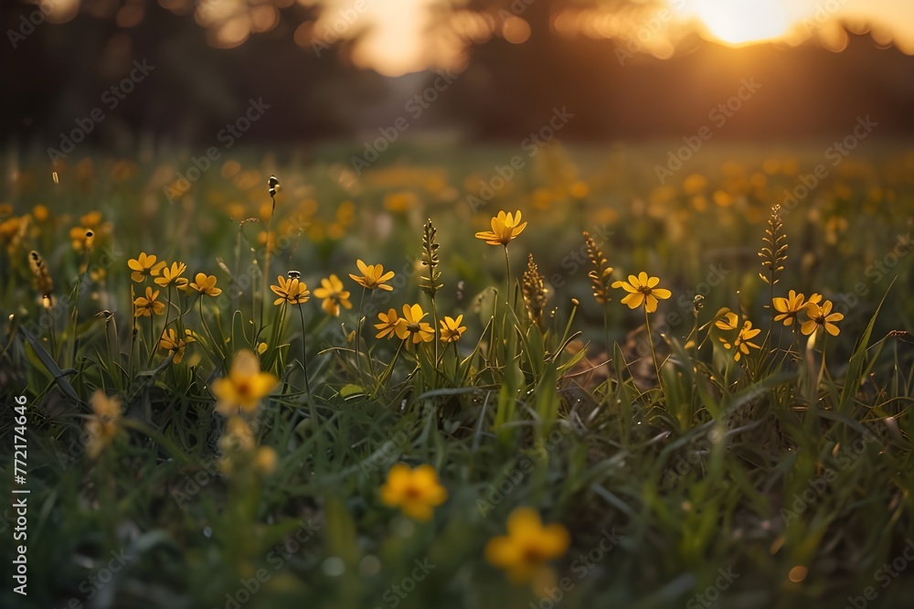 Abstract soft focus sunset field landscape of yellow flowers and grass meadow warm golden hour sunset sunrise time. Tranquil spring summer nature closeup and blurred forest background. Generative AI