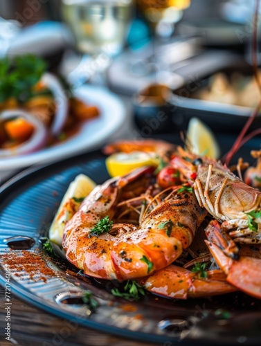 Delectable Seafood Medley:A Gourmet Delight of Fresh Shrimp,Lobster,and Crab Served on a Wooden Table