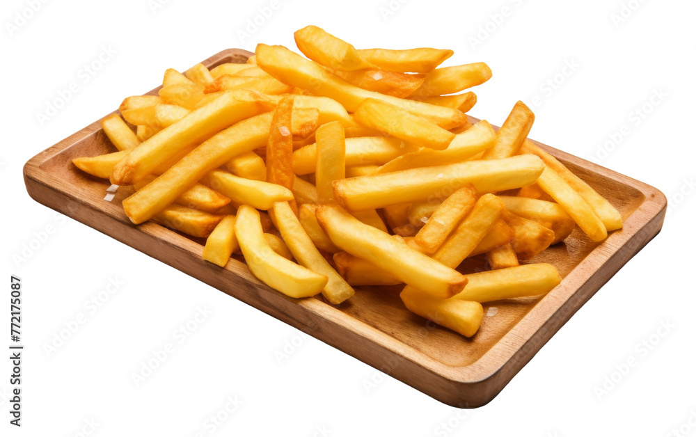 Golden French fries piled on a wooden cutting board against a white background Golden French fries piled on a wooden cutting board against a white background