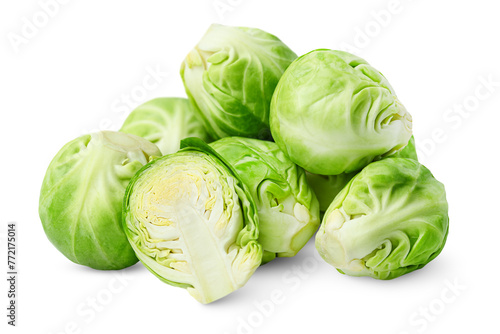 heap of Brussels sprouts on isolated white background, front view photo