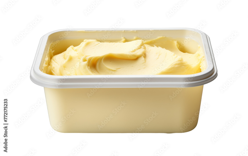 A container filled with smooth, creamy butter sits on a clean white background A container filled with smooth, creamy butter sits on a clean white background