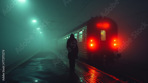 Man standing on platform of train station in fog