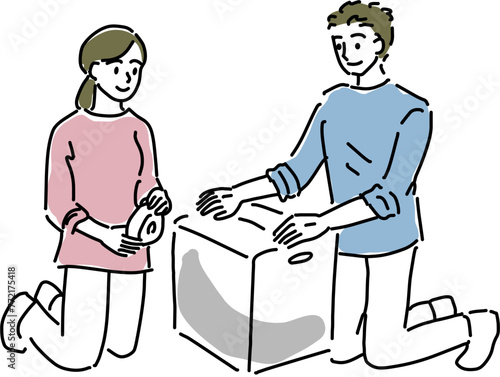 引越しの荷造りをする夫婦シンプル線画