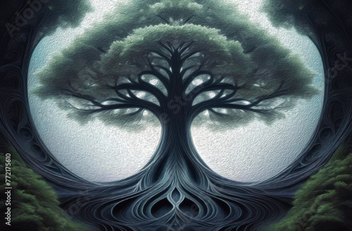 Tree of Life, a fantasy style fractal tree in cool muted green tones in an oil paint style.
