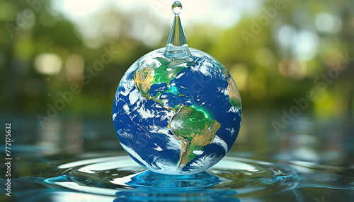 Droplet Planet: Imaginative concept showcasing a droplet-shaped Earth, underscoring the crucial role of water in sustaining life and ecosystems worldwide